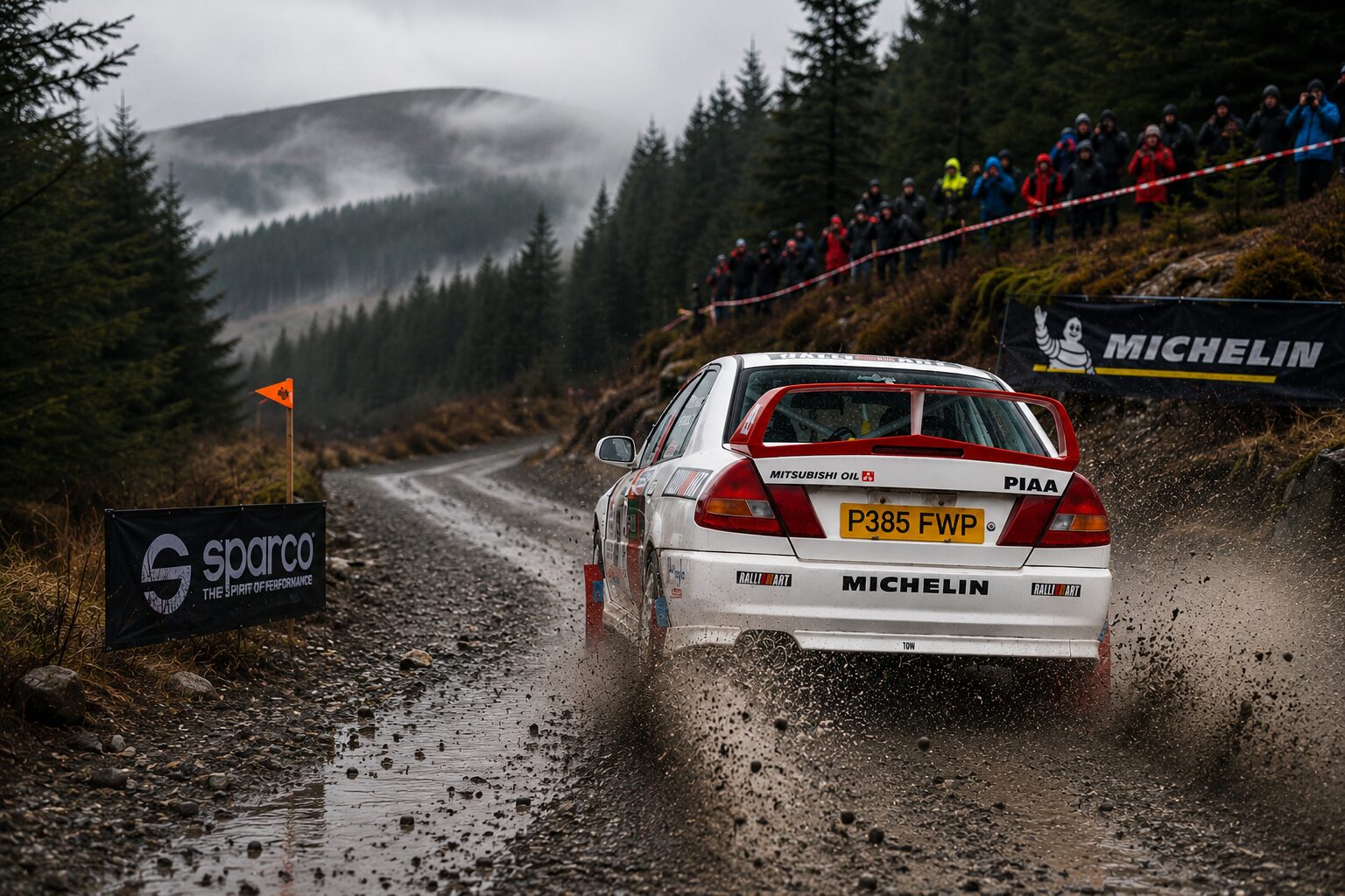 Mitsubishi Evo IV rally car kicking up gravel and spray on a misty forest stage lined with spectators