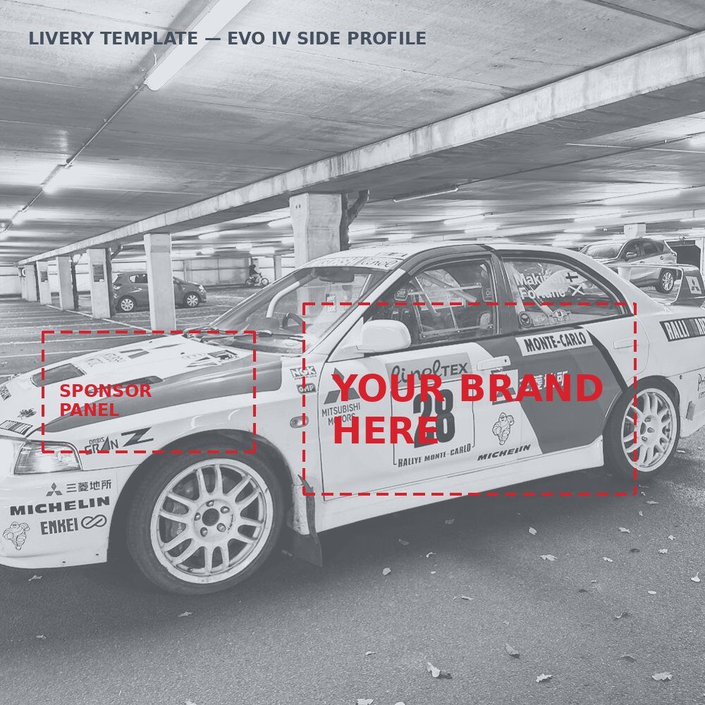 The same car as a livery template with panels marked YOUR BRAND HERE